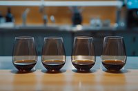 Four glasses filled with amber liquid arranged in a row on a wooden surface, showcasing whiskey, bourbon, or spirits tasting experience for beverage comparison and selection.