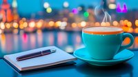 Turquoise coffee cup with steam on saucer next to notebook and pen against blurred city lights bokeh background at evening for relaxation and planning.