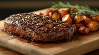 Juicy grilled beef steak with black pepper crust and roasted cherry tomatoes on wooden cutting board, garnished with fresh rosemary sprigs. Restaurant quality food.