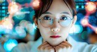 Young Asian woman in round glasses looking directly at camera with thoughtful expression against blurred bokeh lights background in blue and pink tones.