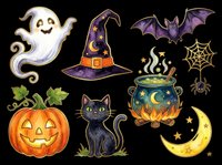 Halloween clipart set with ghost, witch hat, bat, spider web, pumpkin, black cat, cauldron, and moon, isolated on transparent background, ready for stickers and t-shirt design.