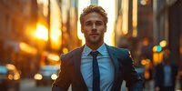 Young Caucasian businessman in dark suit walking confidently on urban street at sunset with golden bokeh lights and modern architecture creating dramatic atmosphere.