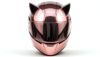 Metallic rose gold motorcycle helmet with cat ears and dark visor on white background, isolated protective gear for modern rider safety and style.