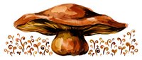 Watercolor mushroom with decorative curly plants, isolated on white background. Autumn forest fungi art for prints, cards, and design projects.