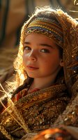 Young woman in ornate golden medieval costume and headdress illuminated by warm sunlight, with wheat stalks and embroidered details creating magical atmosphere.