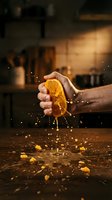 Hand squeezing fresh orange half with juice dripping onto dark surface in warm kitchen lighting. Ideal for beverage, cooking, and healthy lifestyle content.