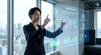 Asian businesswoman interacting with futuristic holographic interface displaying data analytics in modern office with city skyline background.