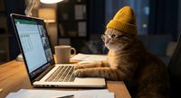 Orange tabby cat wearing yellow knit beanie hat working on laptop computer at wooden desk with coffee cup in cozy home office setting at night.