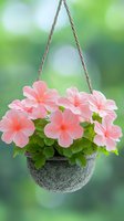 Pink impatiens flowers blooming in hanging concrete pot against soft green bokeh background, garden decoration for summer patio and balcony spaces.