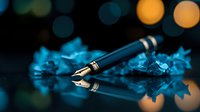 Elegant fountain pen on reflective surface with crumpled blue paper and soft bokeh lights creating atmospheric mood for writing and creativity concepts.
