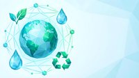 Earth globe surrounded by eco-friendly symbols including water drops, leaves and recycling icon connected by network lines on light blue background.