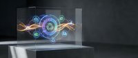 Glowing holographic sustainability icons with recycling symbol and energy waves displayed inside a transparent glass cube on a dark background.