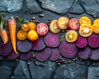 Fresh sliced beets, yellow and red tomatoes, and carrots arranged in rows on dark stone background with herbs and peppercorns, top view food photography.