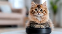 Fluffy long-haired calico kitten sitting on robotic vacuum cleaner, looking at camera with bright blue eyes against blurred home interior background.