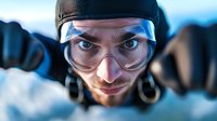 Young adult male with light skin tone and facial hair, wearing protective goggles and a black beanie, positioned in dynamic diving pose. Underwater sports and adventure concept for travel, recreation, and extreme sports marketing.