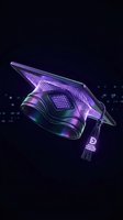 Futuristic holographic graduation cap with digital grid pattern and glowing purple neon effects on dark background for education technology concepts.
