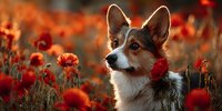 Welsh Corgi dog sitting in vibrant red poppy field at sunset, creating atmospheric nature portrait with warm golden light.