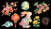 Lunar New Year clipart set with rabbit, lantern, cherry blossoms, peach, chrysanthemum, moon, clouds, fireworks, isolated on transparent background for sublimation, stickers, t-shirt design.