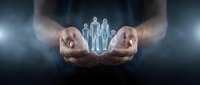 Protective hands holding glowing family silhouettes representing insurance coverage, healthcare protection, and financial security for loved ones.