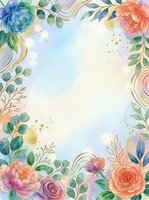 Watercolor floral frame with peonies, roses, and eucalyptus leaves on isolated white background. Pastel colors with gold accents. Ready for invitations, greeting cards, and design projects.