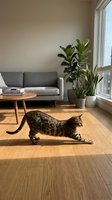 Bengal cat stretching in modern minimalist living room with gray sofa, houseplants and natural light streaming through large windows.