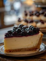 Creamy cheesecake slice topped with fresh blueberry compote on vintage plate, featuring golden graham cracker crust and smooth vanilla filling. Close-up food photography.