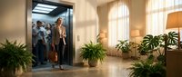 Professional businesswoman with briefcase exiting modern office elevator in contemporary corporate building lobby with plants and natural lighting.