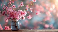 Pink cherry blossom branches in glass jar on wooden surface against blurred spring background, soft natural lighting creates dreamy atmosphere.