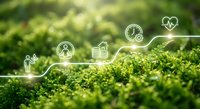 Green moss nature background with glowing white healthcare and wellness icons connected by lines showing medical technology integration in natural environment.