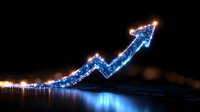 Glowing blue arrow chart trending upward with sparkle effects on dark background, representing business growth and financial success in digital style.