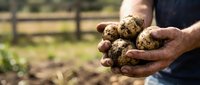 Farmer hands holding fresh harvested potatoes in agricultural field with wooden fence background showcasing organic farming and sustainable agriculture.
