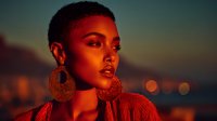 Young African American woman with short hair and statement earrings in warm golden light against blurred city background at sunset for fashion and lifestyle content.