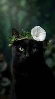 Black cat with striking green eyes wearing a floral crown of white morning glory flowers and green foliage against a soft blurred garden background. Perfect for pet, nature, and whimsical design projects.