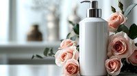 White cosmetic pump bottle with pink roses on marble surface near window for skincare beauty product mockup and branding presentation.