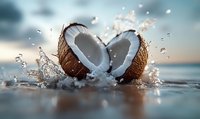 Fresh coconut split in half with dynamic water splash and droplets against blurred tropical beach background, dramatic lighting creates mood.