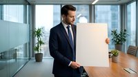 Professional businessman in dark suit holding blank white poster in modern office conference room with city view windows for corporate presentations.