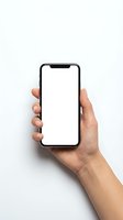 Hand holding modern smartphone with blank white screen mockup for app presentation and mobile interface design.