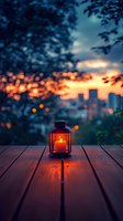 Glowing lantern with candle on wooden deck overlooking city skyline at sunset, with dreamy bokeh lights and silhouetted buildings creating atmospheric mood.