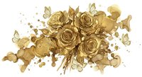 Golden roses bouquet with butterflies and watercolor splashes on white background for luxury wedding invitations and romantic designs.