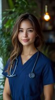 Young Asian American female medical professional in navy blue scrubs with stethoscope smiling warmly against blurred natural background with soft lighting.