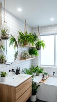 Modern bathroom interior with hanging plants, white subway tiles, wooden vanity and natural light creating spa-like atmosphere for home design inspiration.