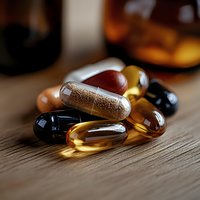 Assorted dietary supplements and vitamin capsules in various colors scattered on wooden surface, close-up view with selective focus and warm lighting.