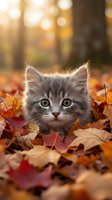 Gray tabby kitten surrounded by autumn leaves in forest setting with warm golden sunlight filtering through trees, perfect for seasonal marketing and pet-related projects.