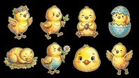 Cute yellow chick characters in various poses, isolated on transparent background. Ready for t-shirt design, clipart, stickers, print-on-demand products, and sublimation projects.
