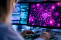 Young male programmer working at night with glowing purple particle visualization on computer screen, using illuminated gaming keyboard in dark office setting.