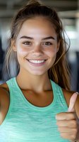 Happy young Caucasian woman in mint green athletic tank top giving thumbs up gesture with bright smile at fitness gym for motivation and wellness campaigns.