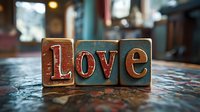 Vintage wooden blocks spelling out Love on rustic textured surface with soft bokeh lights in background, creating romantic nostalgic atmosphere.