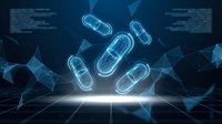 Digital pharmaceutical capsules floating in futuristic medical technology environment with network connections and data streams for healthcare innovation.