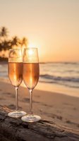 Two champagne flutes filled with sparkling wine on driftwood at tropical beach during golden hour sunset with palm trees and ocean waves in background.