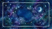 Cosmic space background with crescent moon, stars and colorful nebula clouds in purple, blue and green tones for astronomy and fantasy designs.